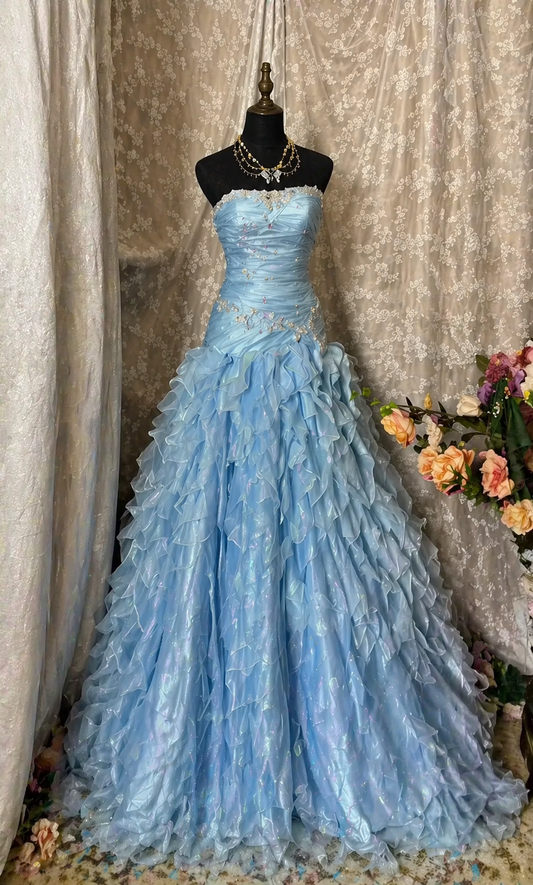 Chic Strapless A-Line Tulle Long Evening Dress Blue Prom Dress ED07795