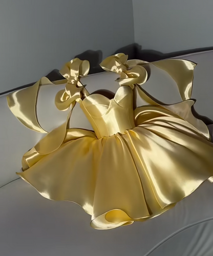Chic Spaghetti Straps Birthday A-Line Satin Vacation Dress Yellow Short Prom Dress ED07798