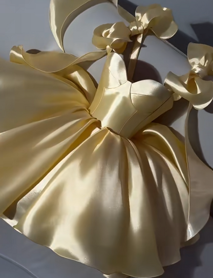 Chic Spaghetti Straps Birthday A-Line Satin Vacation Dress Yellow Short Prom Dress ED07798