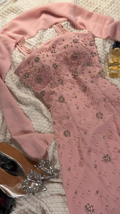 Süßes rosa Geburtstags-Kleid mit Spaghettiträgern, Etui-Form, Chiffon, Urlaubs-Kleid, perlenbesetztes kurzes Ballkleid ED07799