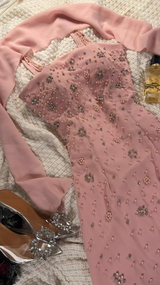 Cute Pink Birthday Dress Spaghetti Straps Sheath Chiffon Vacation Dress Beaded Short Prom Dress ED07799
