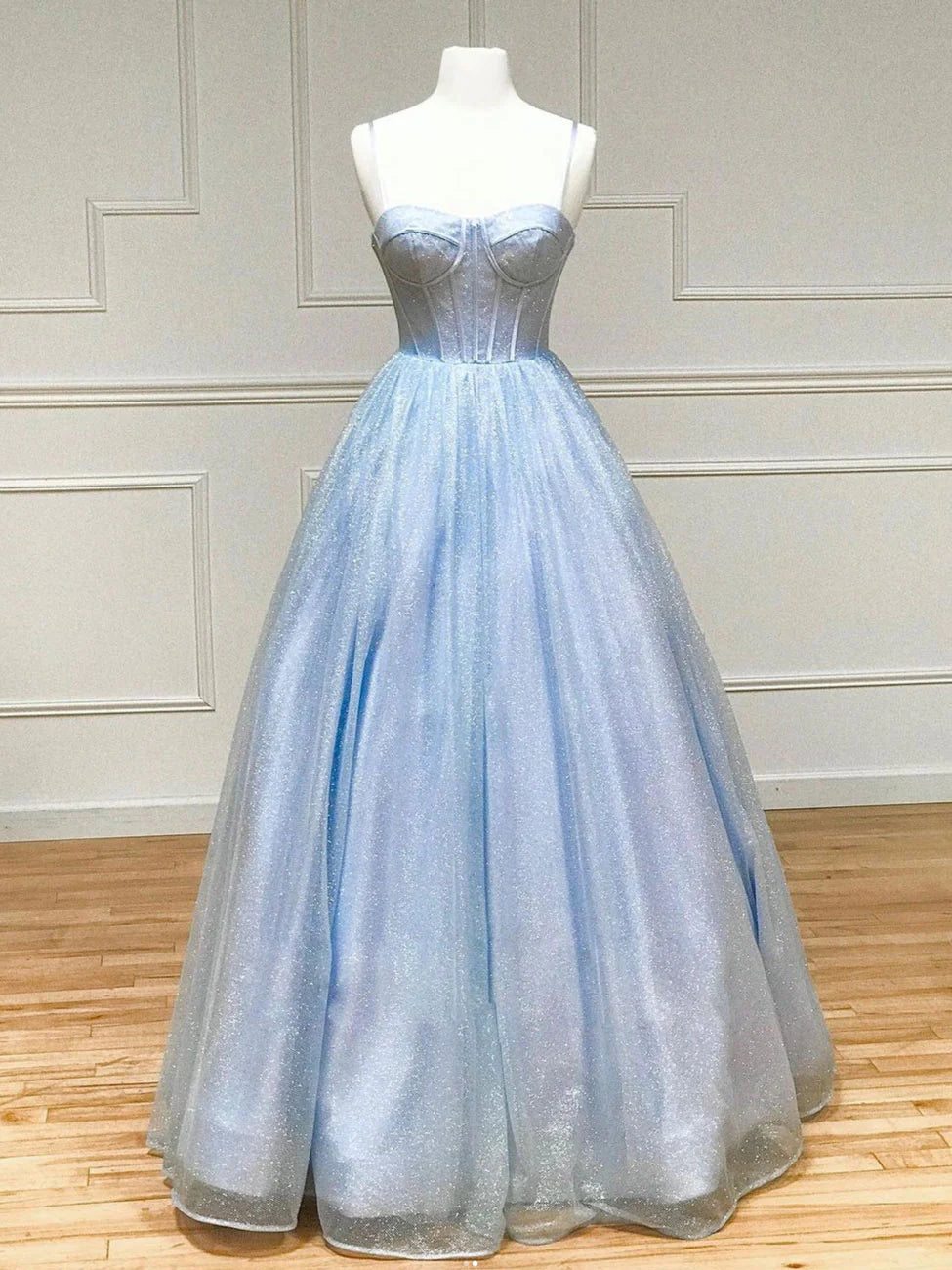 Robe de bal longue bleue en tulle brillant, coupe trapèze, robe de soirée formelle bleue ED0779