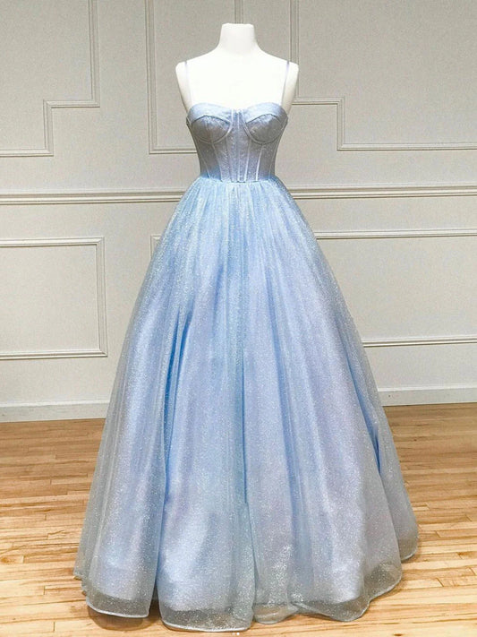 Robe de bal longue bleue en tulle brillant, coupe trapèze, robe de soirée formelle bleue ED0779