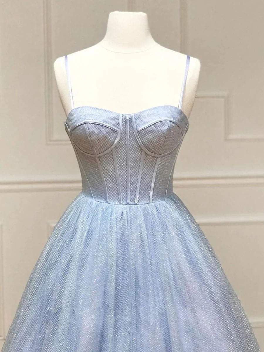 Robe de bal longue bleue en tulle brillant, coupe trapèze, robe de soirée formelle bleue ED0779