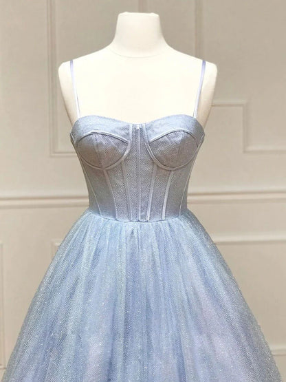 Robe de bal longue bleue en tulle brillant, coupe trapèze, robe de soirée formelle bleue ED0779