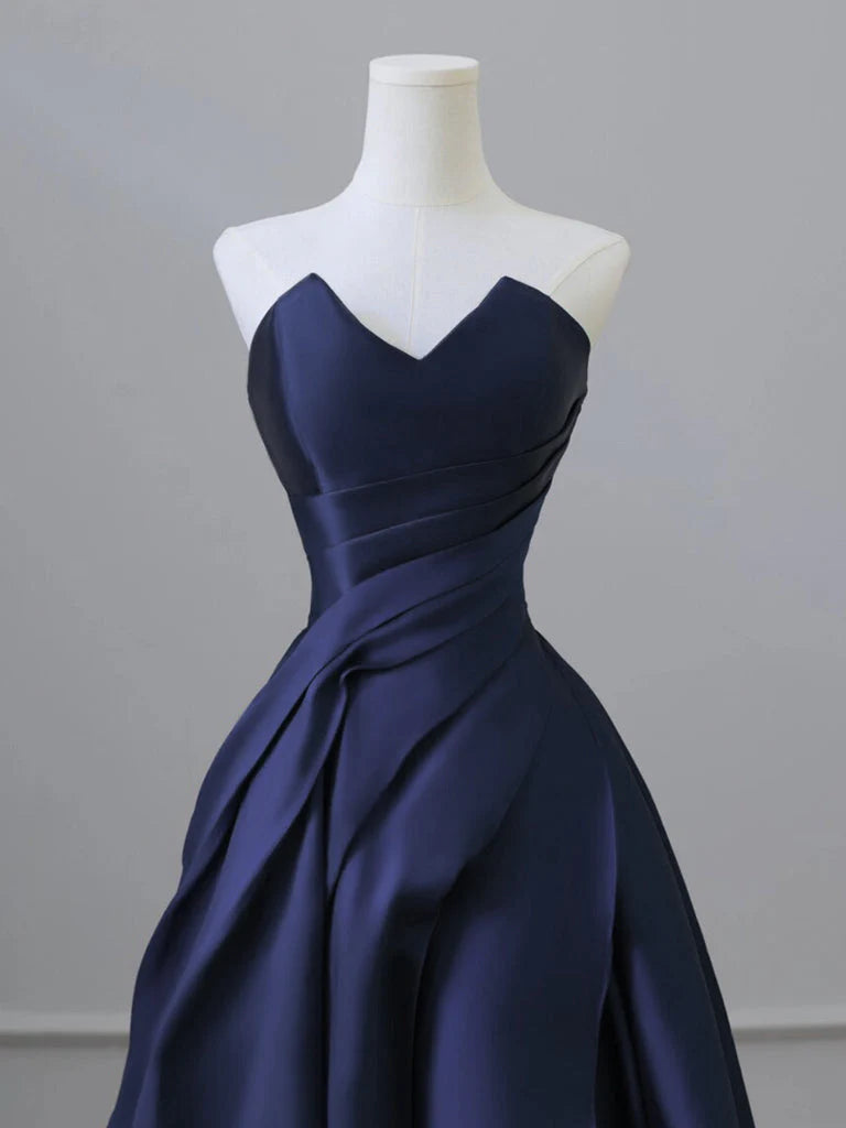 A-Line V Neck Satin Dark Blue Long Prom Dress, Blue Long Formal Dress   ED078
