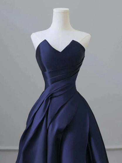 A-Line V Neck Satin Dark Blue Long Prom Dress, Blue Long Formal Dress   ED078