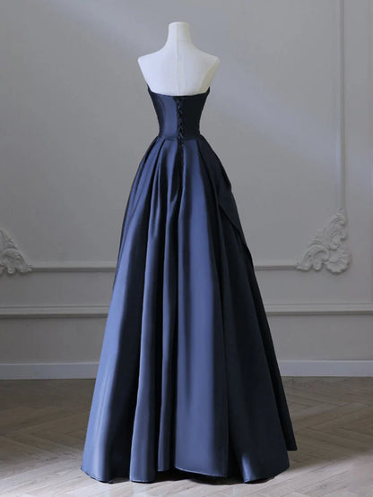 A-Line V Neck Satin Dark Blue Long Prom Dress, Blue Long Formal Dress   ED078
