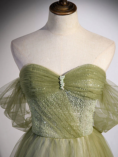 A-line Green Long Prom Dress, Green Tulle Formal Evening Dress ED0780
