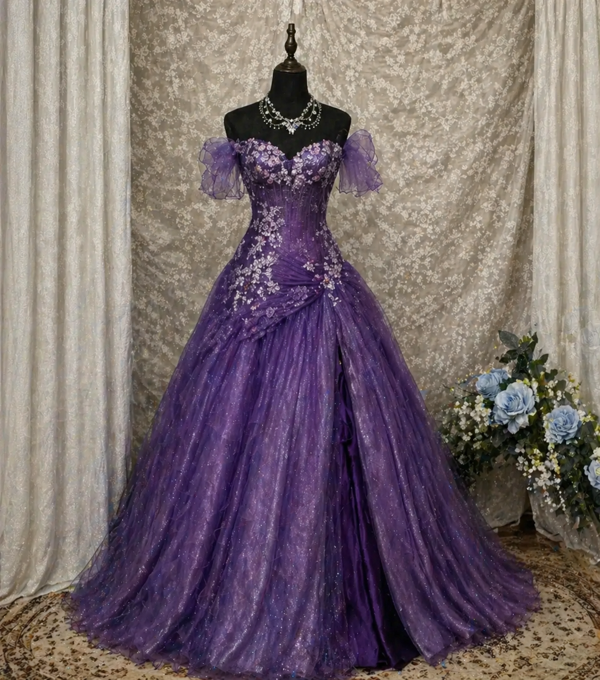 Gorgeous Purple Sweet 16 Dress Off-shoulder A-Line Tulle Quinceanera Dress  ED07801