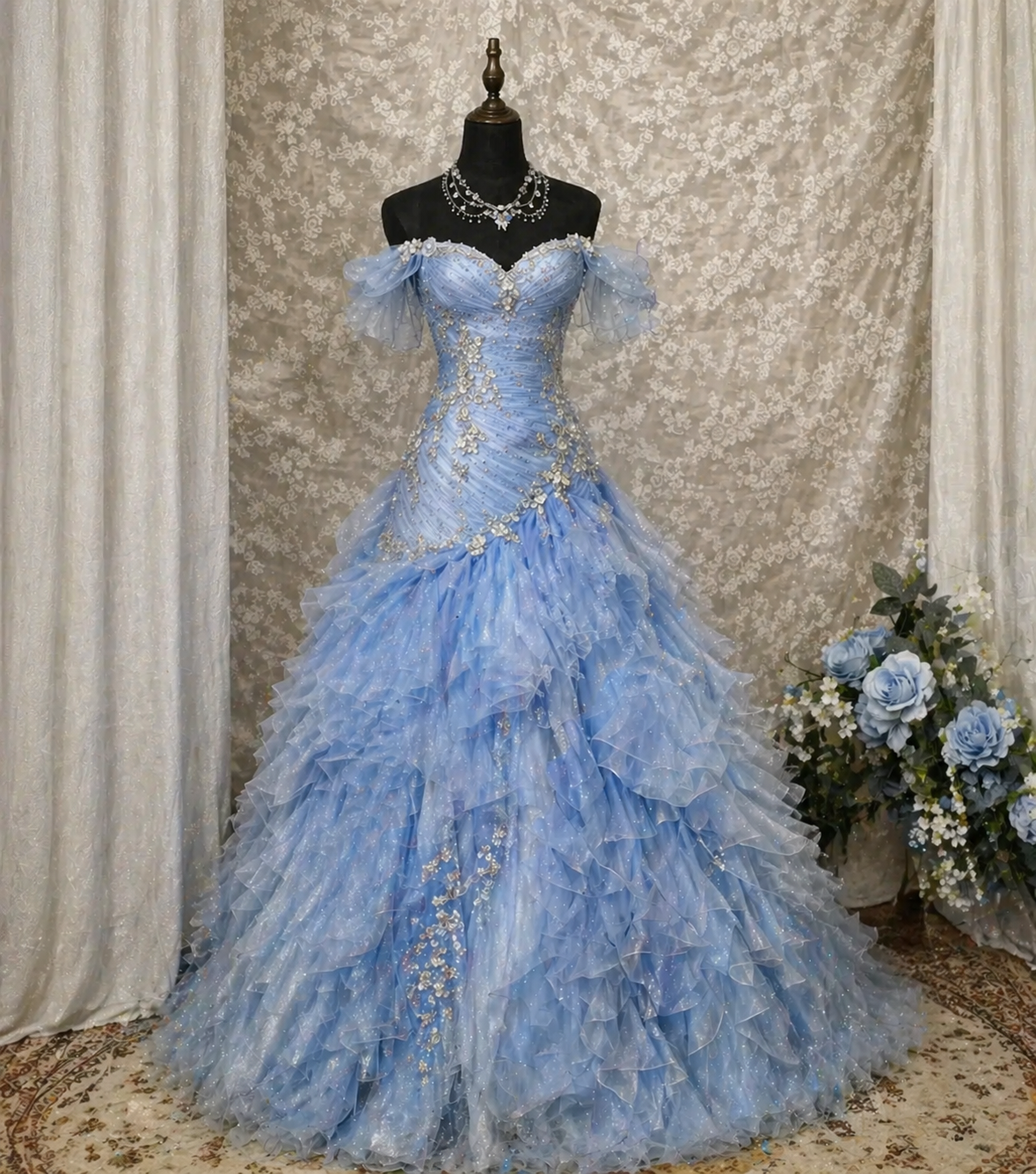 Gorgeous Pale Blue Sweet 16 Dress  A-Line Tulle Appliques Prom Dress Off-shoulder Quinceanera Dress  ED07802