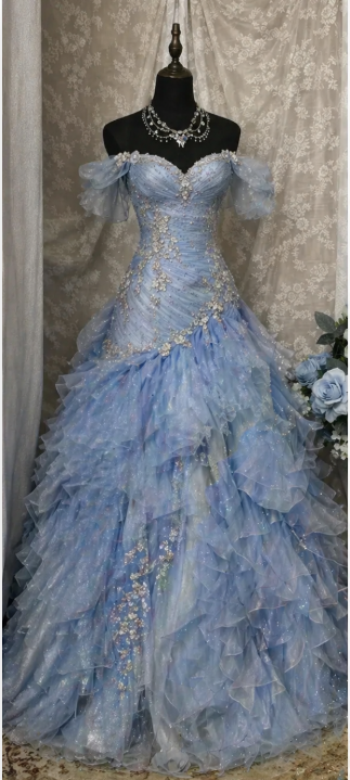 Gorgeous Pale Blue Sweet 16 Dress  A-Line Tulle Appliques Prom Dress Off-shoulder Quinceanera Dress  ED07802