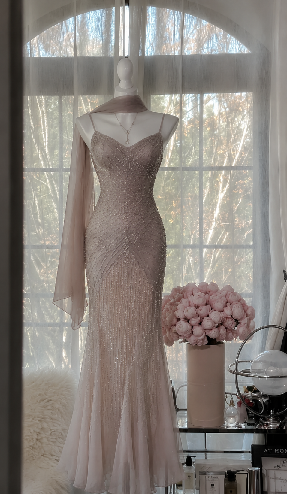Élégante robe de soirée longue en mousseline rose poudré avec bretelles spaghetti et perles, coupe sirène, pour bal de promo ED07804