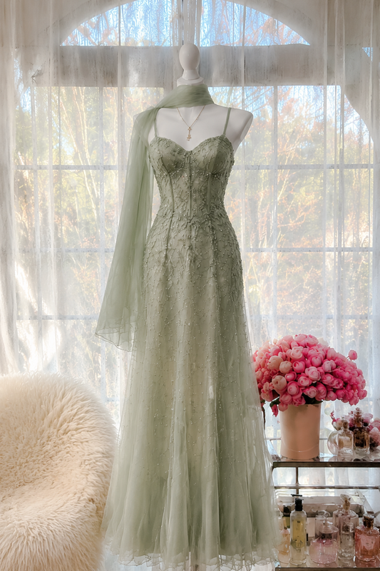 Elegantes langes Abendkleid mit Spaghettiträgern, A-Linie, Tüll und Perlenstickerei, grünes Ballkleid ED07805