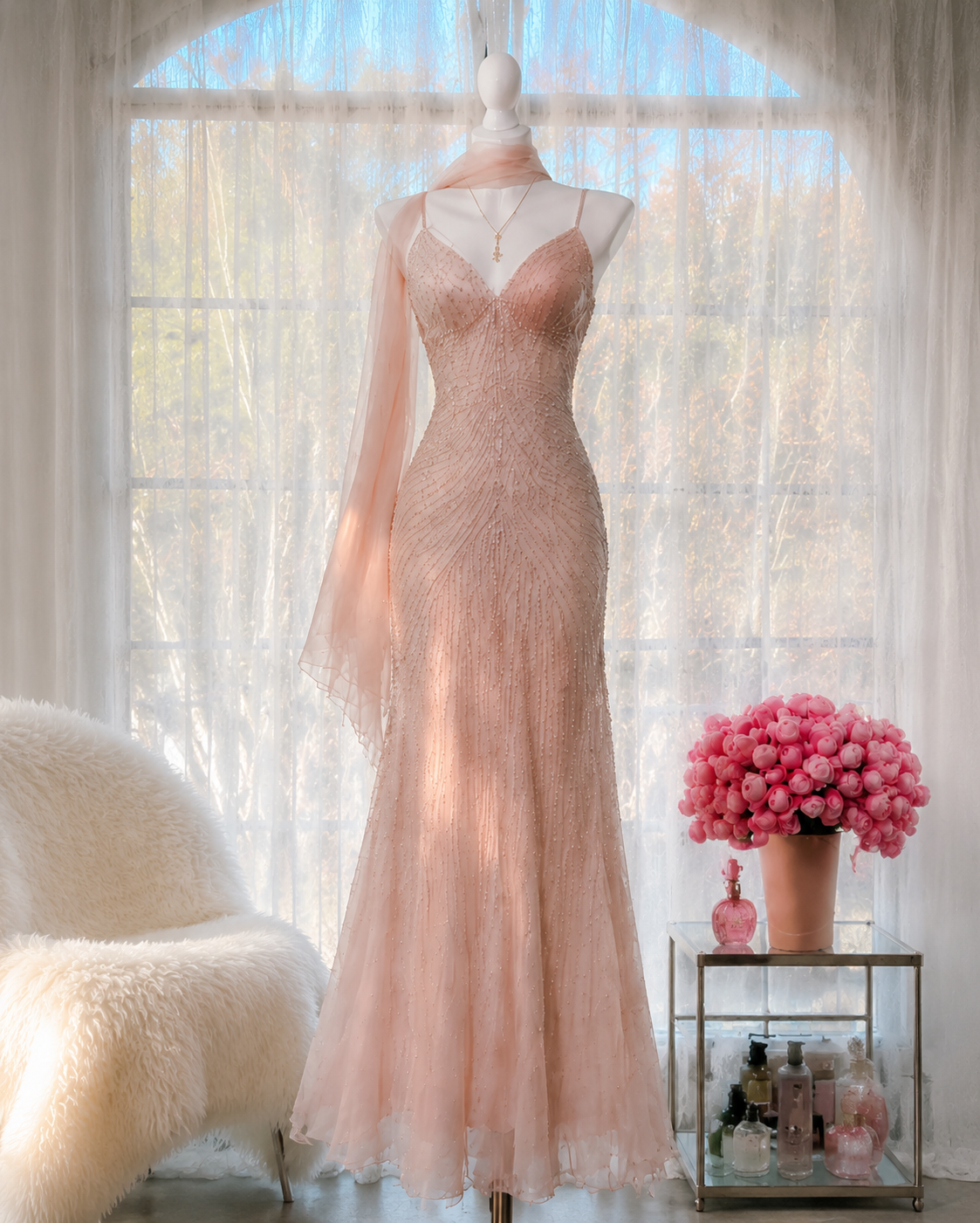 Robe de soirée longue fourreau en mousseline de soie à fines bretelles ornée de perles, couleur rose ED07807