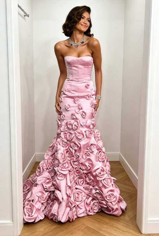 Élégante Robe de Soirée Longue Sirène en Satin sans Bretelles Rose Robe de Bal ED07808