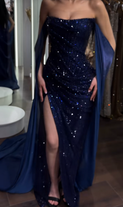 Elegantes Trägerloses Etui-Abendkleid aus Tüll, Lang, Marineblaues Ballkleid ED07810