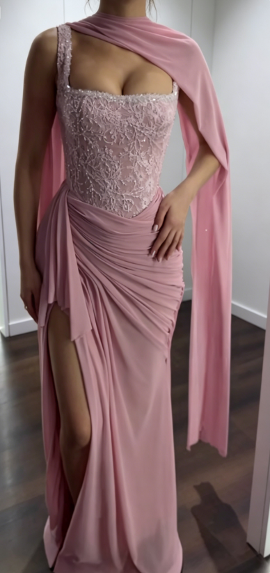 Chic One-shoulder Sheath Chiffon Long Evening Dress Pink Prom Dress ED07811