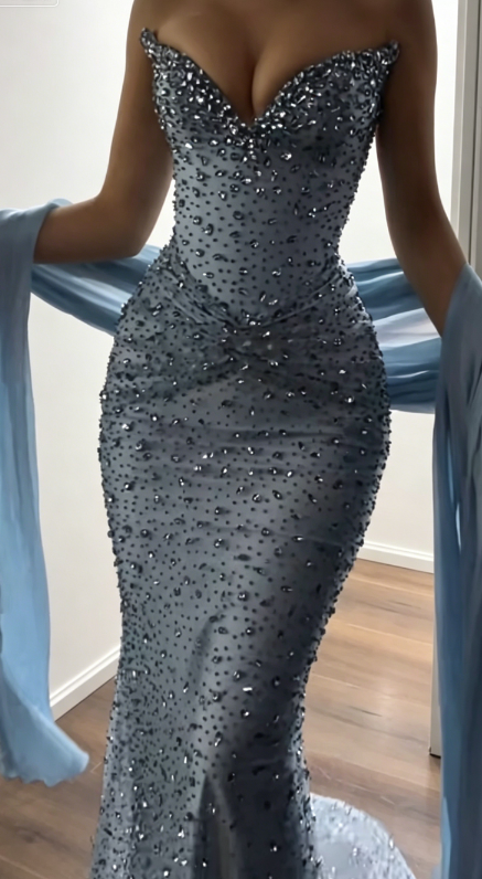 Robe de Soirée Longue en Mousseline Chic Fourreau Col Cœur Robe de Bal Bleue ED07812