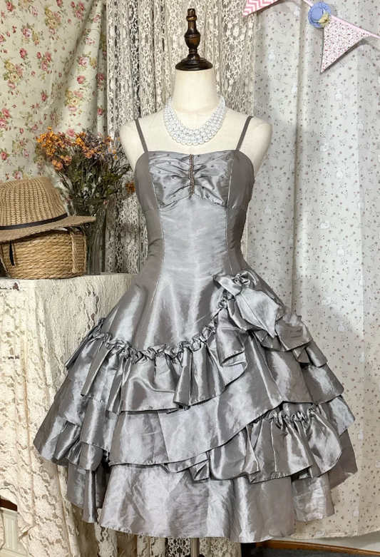 Chic Grey Short Prom Dress Spaghetti Straps A-Line Birthday Dress Satin Cocktail Dress ED07816
