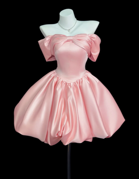 Chic Pink Short Prom Dress Off-shoulder A-Line Birthday Dress Satin Cocktail Dress ED07817