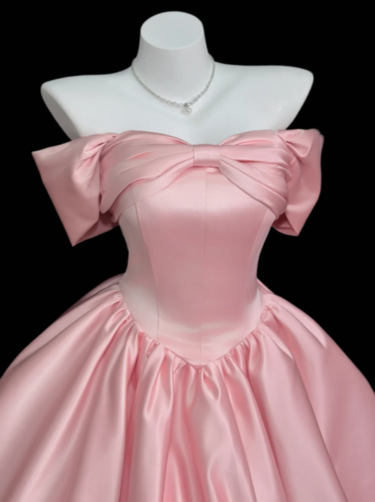Chic Pink Short Prom Dress Off-shoulder A-Line Birthday Dress Satin Cocktail Dress ED07817