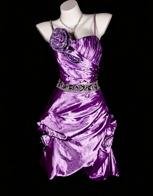 Chic Purple Short Prom Dress Spaghetti Straps Sheath Birthday Dress Satin Cocktail Dress ED07819