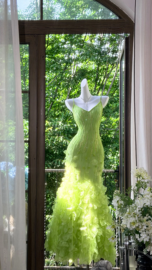 Robe de soirée longue fourreau en mousseline de soie à bretelles spaghetti et sequins, couleur vert citron, perles, robe de bal ED07822
