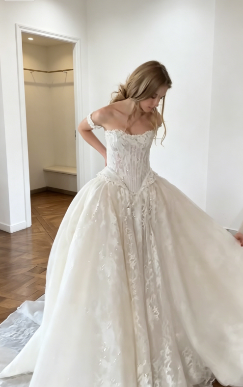 Timeless A-Line Wedding Dress Lace Off-shoulder Bridal Dress White Bridal Gown ED07830