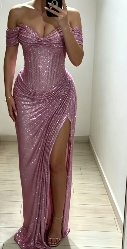 Elegant Sheath Tulle Long Evening Dress Off-shoulder Pink Prom Dress with Slit ED07831