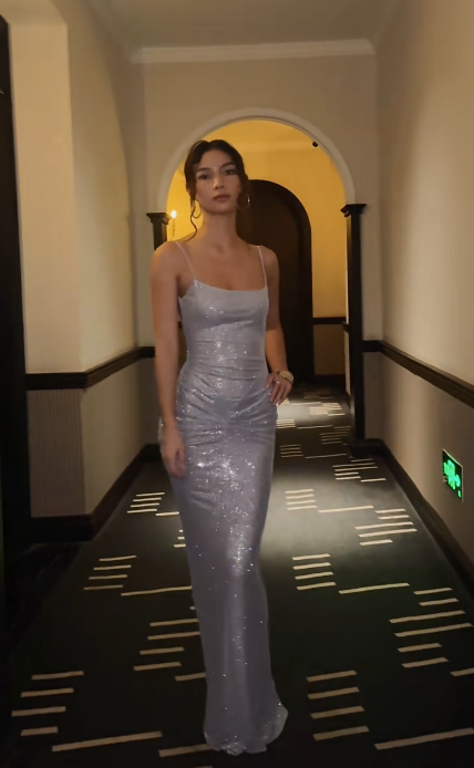Élégante Robe de Soirée Fourreau en Chiffon Longue à Bretelles Fines, Robe de Bal Argentée ED07833