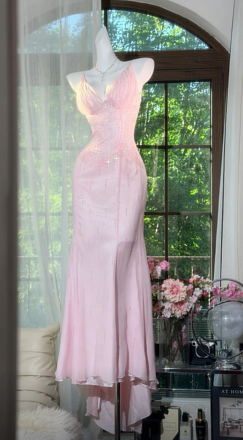 Elegantes Etui-Abendkleid aus Chiffon mit Perlen, Spaghettiträgern, pinkfarbenes Ballkleid ED07835
