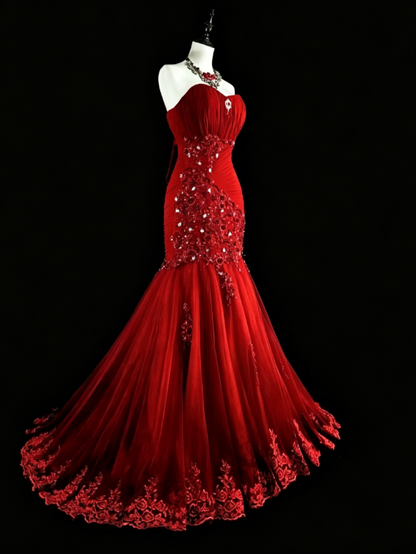 Robe de bal de promo élégante en bordeaux, bustier, sirène, tulle, perlée, longue robe de soirée ED07836