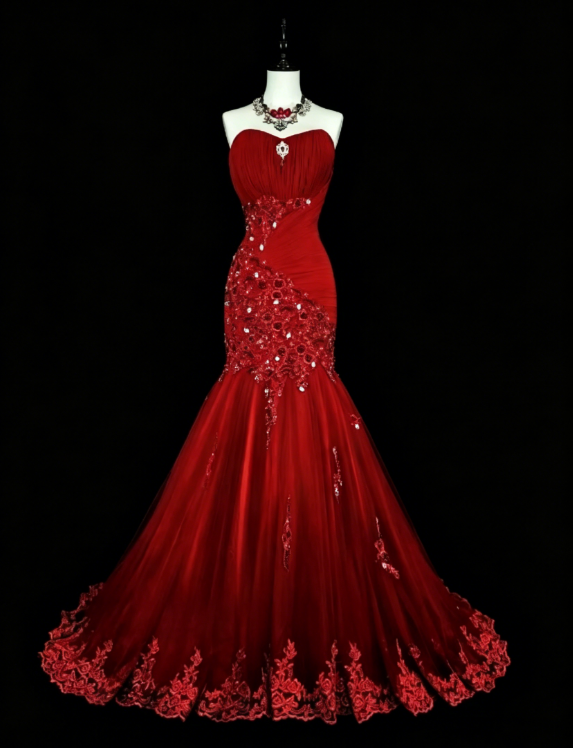 Robe de bal de promo élégante en bordeaux, bustier, sirène, tulle, perlée, longue robe de soirée ED07836