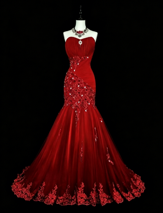 Robe de bal de promo élégante en bordeaux, bustier, sirène, tulle, perlée, longue robe de soirée ED07836