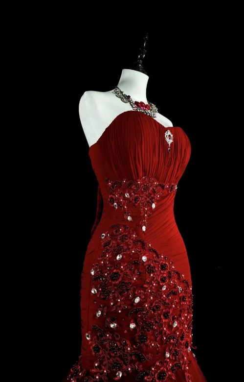 Robe de bal de promo élégante en bordeaux, bustier, sirène, tulle, perlée, longue robe de soirée ED07836