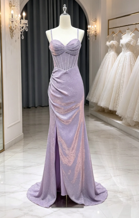 Élégante Robe Longue de Soirée Fourreau en Satin à Bretelles Fines Lavande Robe de Bal ED07837