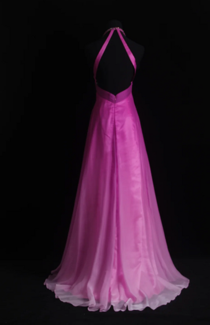 Élégante robe de soirée longue en mousseline de soie coupe trapèze avec licol rose fuchsia pour bal de promo ED07838