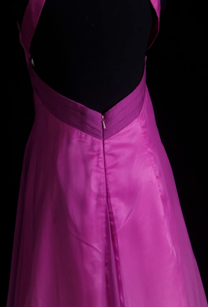 Élégante robe de soirée longue en mousseline de soie coupe trapèze avec licol rose fuchsia pour bal de promo ED07838
