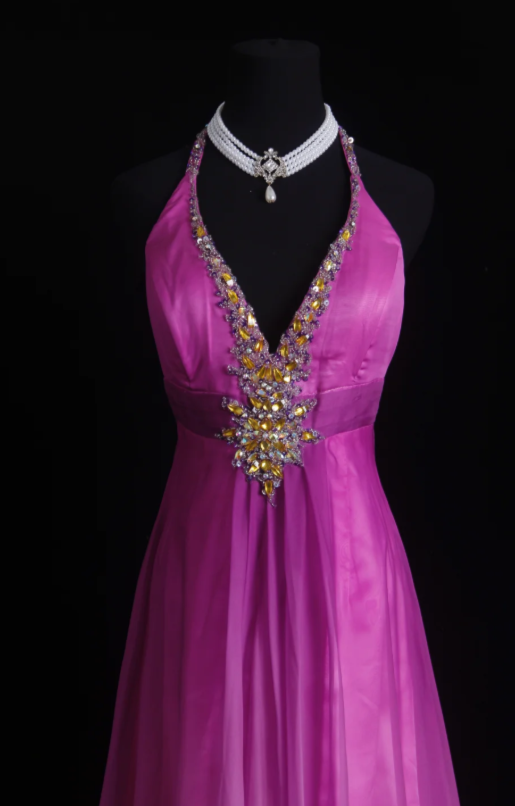 Elegant A-Line Chiffon Long Evening Dress Halter Hot Pink Prom Dress ED07838