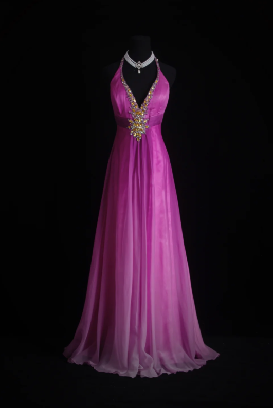 Elegant A-Line Chiffon Long Evening Dress Halter Hot Pink Prom Dress ED07838