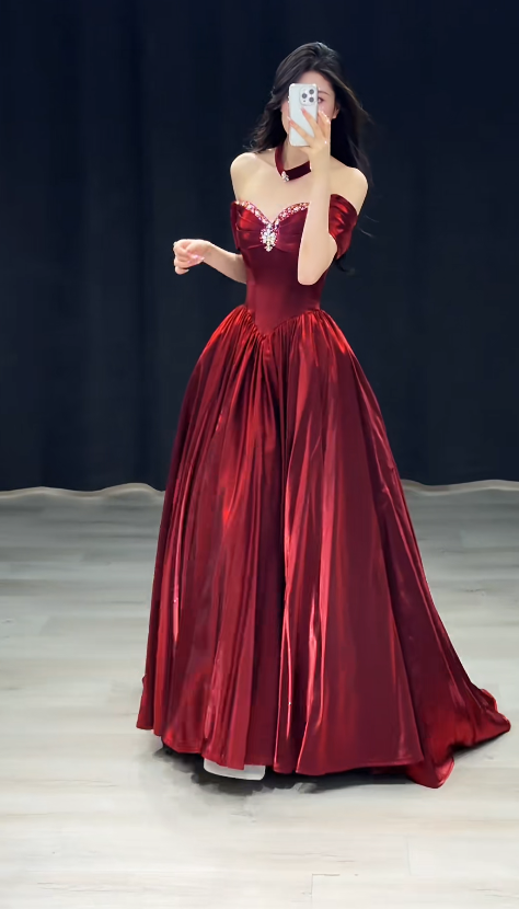 Elegant Burgundy Prom Dress Off-shoulder A-Line Satin Long Evening Dress ED07839