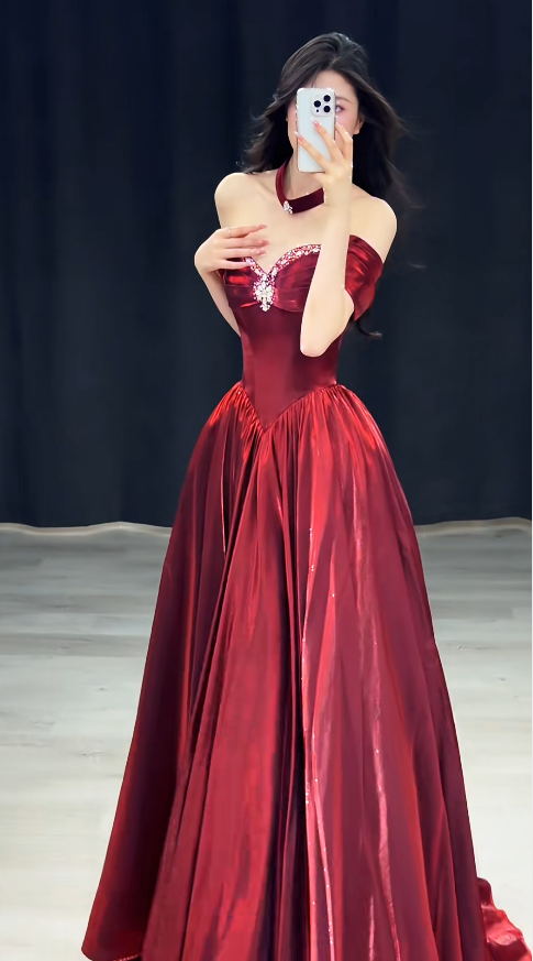 Elegant Burgundy Prom Dress Off-shoulder A-Line Satin Long Evening Dress ED07839
