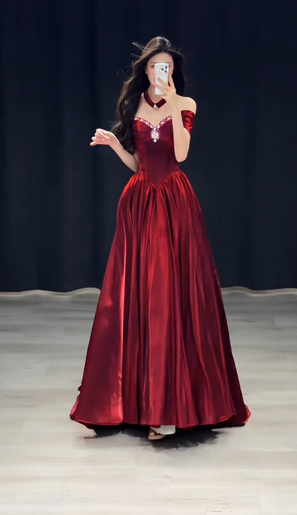 Elegant Burgundy Prom Dress Off-shoulder A-Line Satin Long Evening Dress ED07839