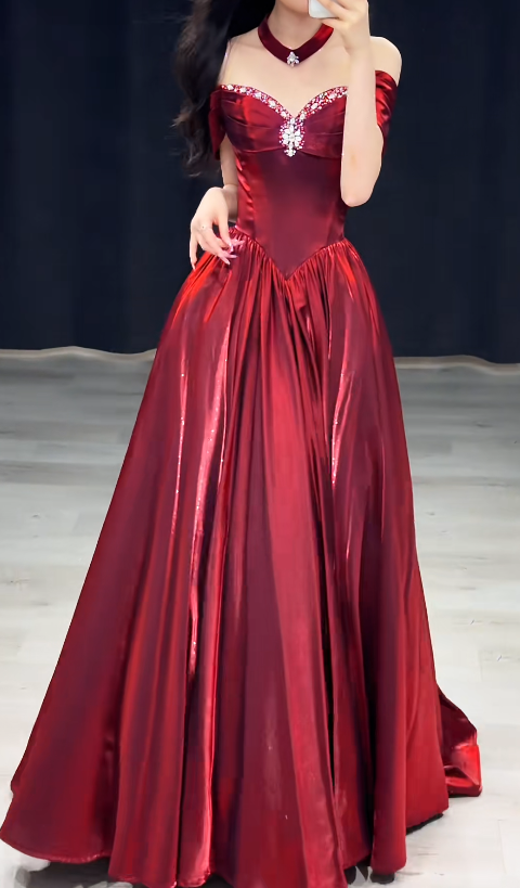 Elegant Burgundy Prom Dress Off-shoulder A-Line Satin Long Evening Dress ED07839