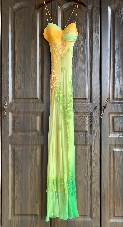 Robe de soirée longue fourreau chic en mousseline de soie à fines bretelles, robe de bal jaune/verte ED07840