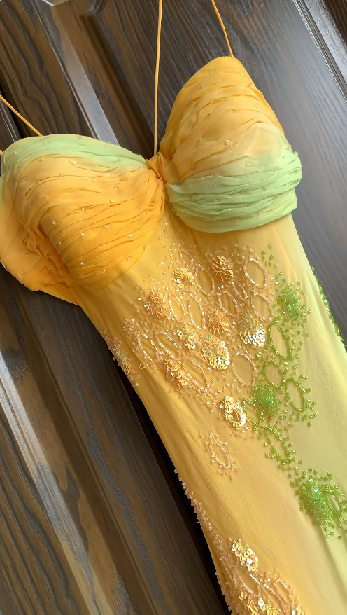 Robe de soirée longue fourreau chic en mousseline de soie à fines bretelles, robe de bal jaune/verte ED07840