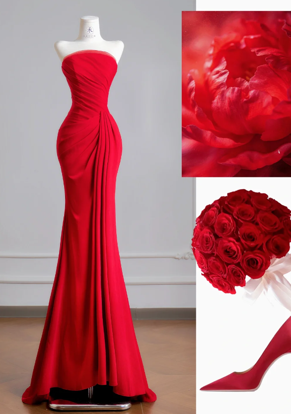 Chic Mermaid Satin Long Evening Dress Strapless Red Prom Dress   ED07841
