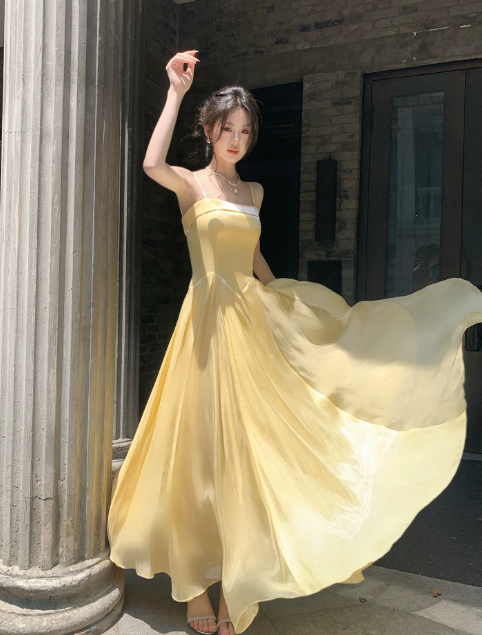 Fashion Yellow Bridesmaid Dress Spaghetti Straps A-Line Birthday Dress Satin Prom Dress   ED07844
