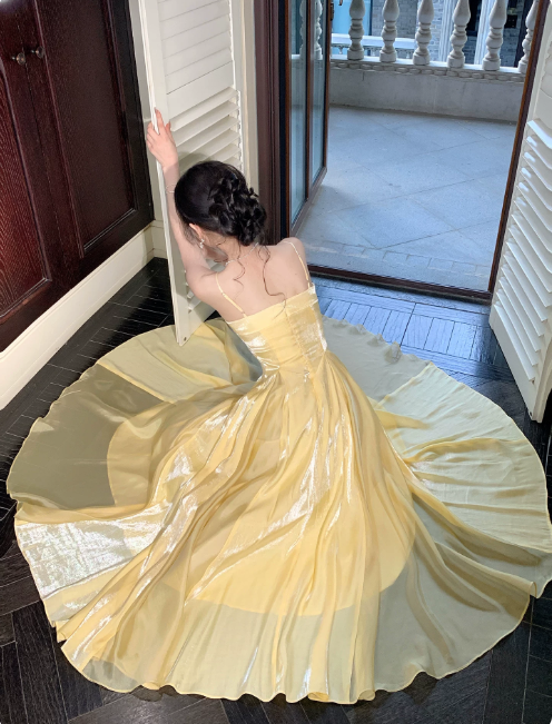 Fashion Yellow Bridesmaid Dress Spaghetti Straps A-Line Birthday Dress Satin Prom Dress   ED07844
